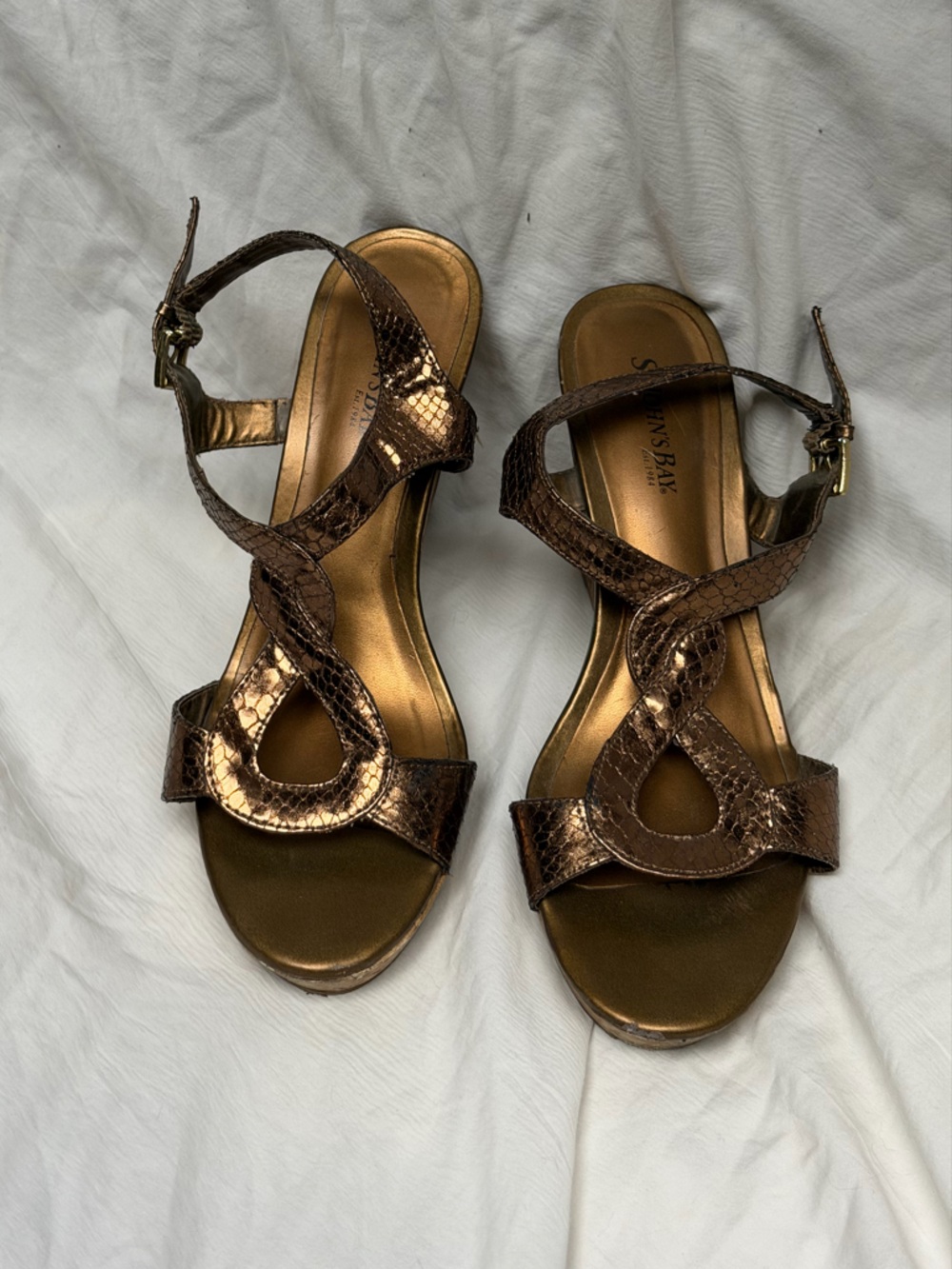 St John’s Bay- Wedge Metallic Bronze Snake-Embossed Sandal - Women